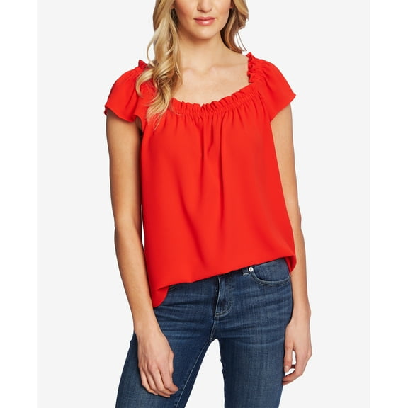 Women's Ruffle Sleeve Gathered Square-Neck Blouse Fiery Red Fieryred M