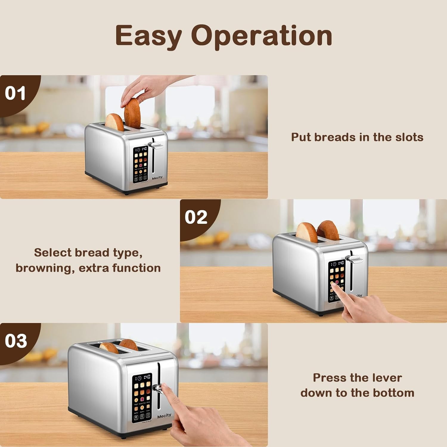 2 Slice Toaster Touch Screen 1.5" Wide Slot, Stainless Steel Smart Bread Toaster for Bagel Muffin Waffle Gluten Free Breads, Timer, Defrost, Reheat, 120V 825W
