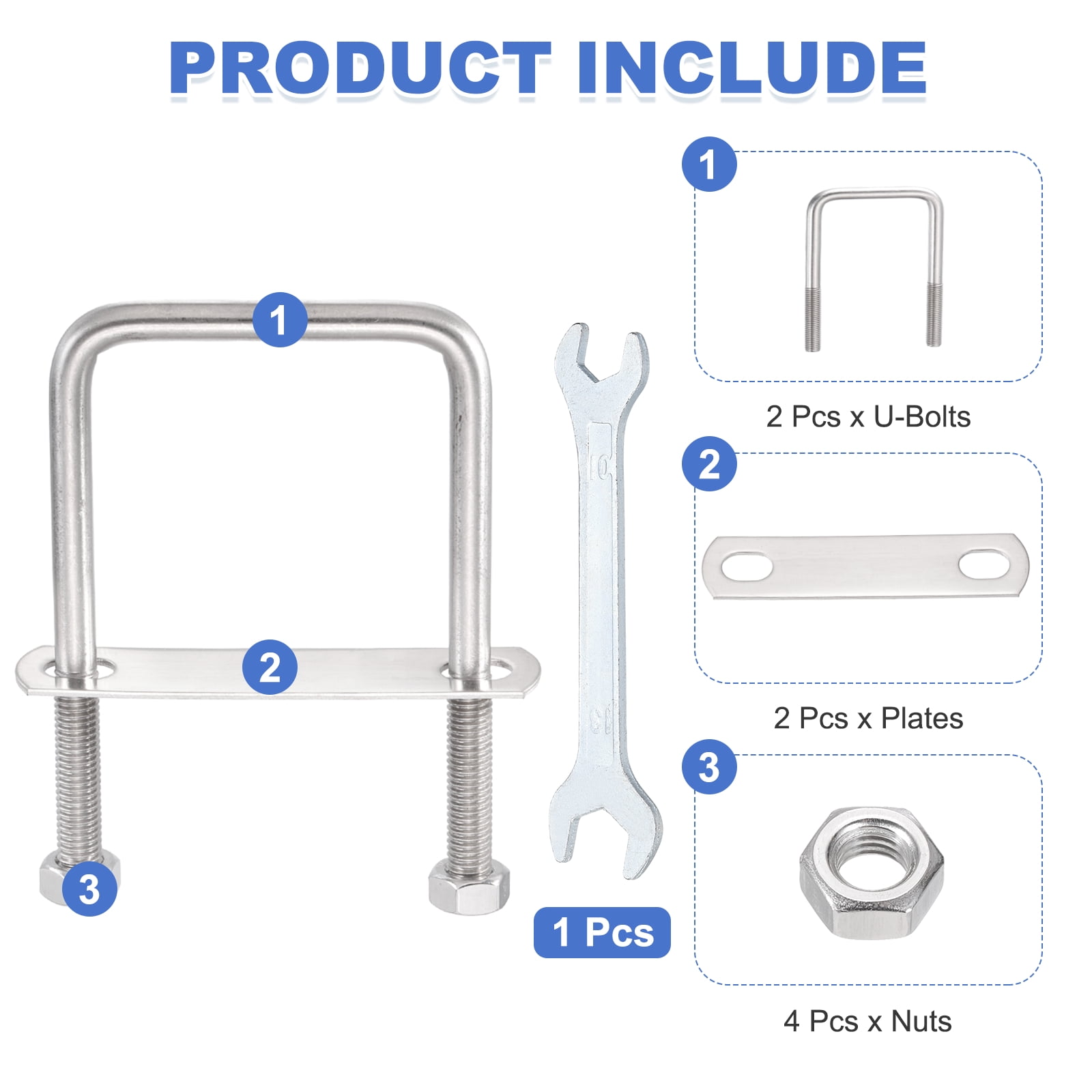 Uxcell 2 Sets M10 Square U-Bolts, 3.19" Inner Width 3.94" Length 304 Stainless Steel U Clamp Bolts with Nuts, Plates and Wrench