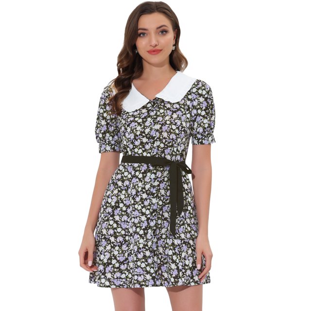 INSPIRE CHIC Robe-Chemise Courte à Manches Courtes pour Femme, Coupe Évasée, Col Contrastant, Noir-Blanc, TG