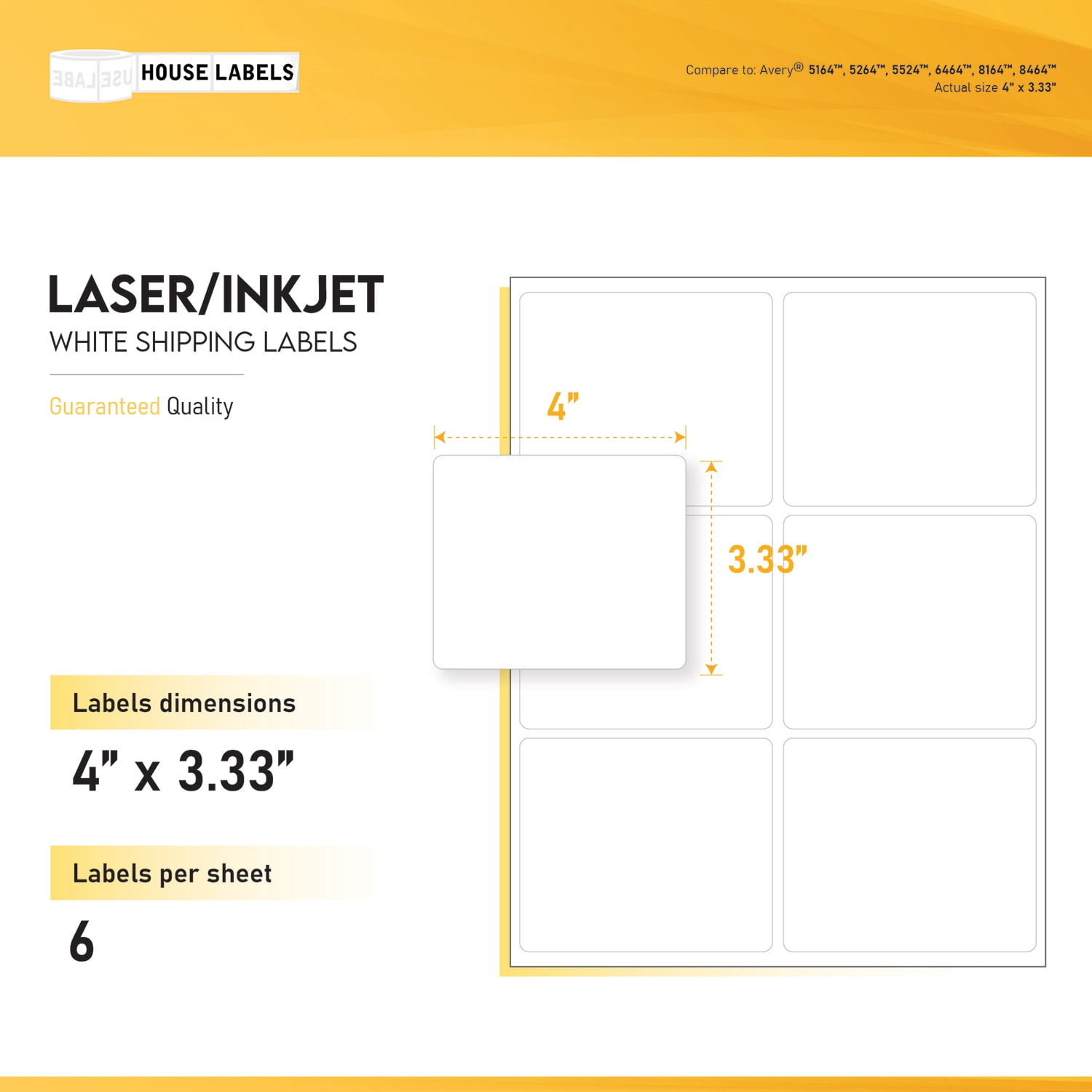 HOUSELABELS 6-up Shipping Labels (4" x 3-1/3") For Laser and Inkjet Printers, 200 Sheets