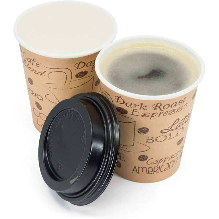 ECODESIGN-US 8 Ounce Disposable Paper Coffee Hot Cups with Black Lids - 50 Sets - Double Shot Espresso Macchiato Lungo Coffee to Go Medium Portion