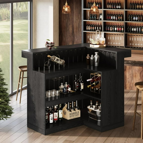 L-Shaped Home Bar Unit, 4-Tier Corner Liquor Bar Table with Storage Shelves & Wine Glasses Holder