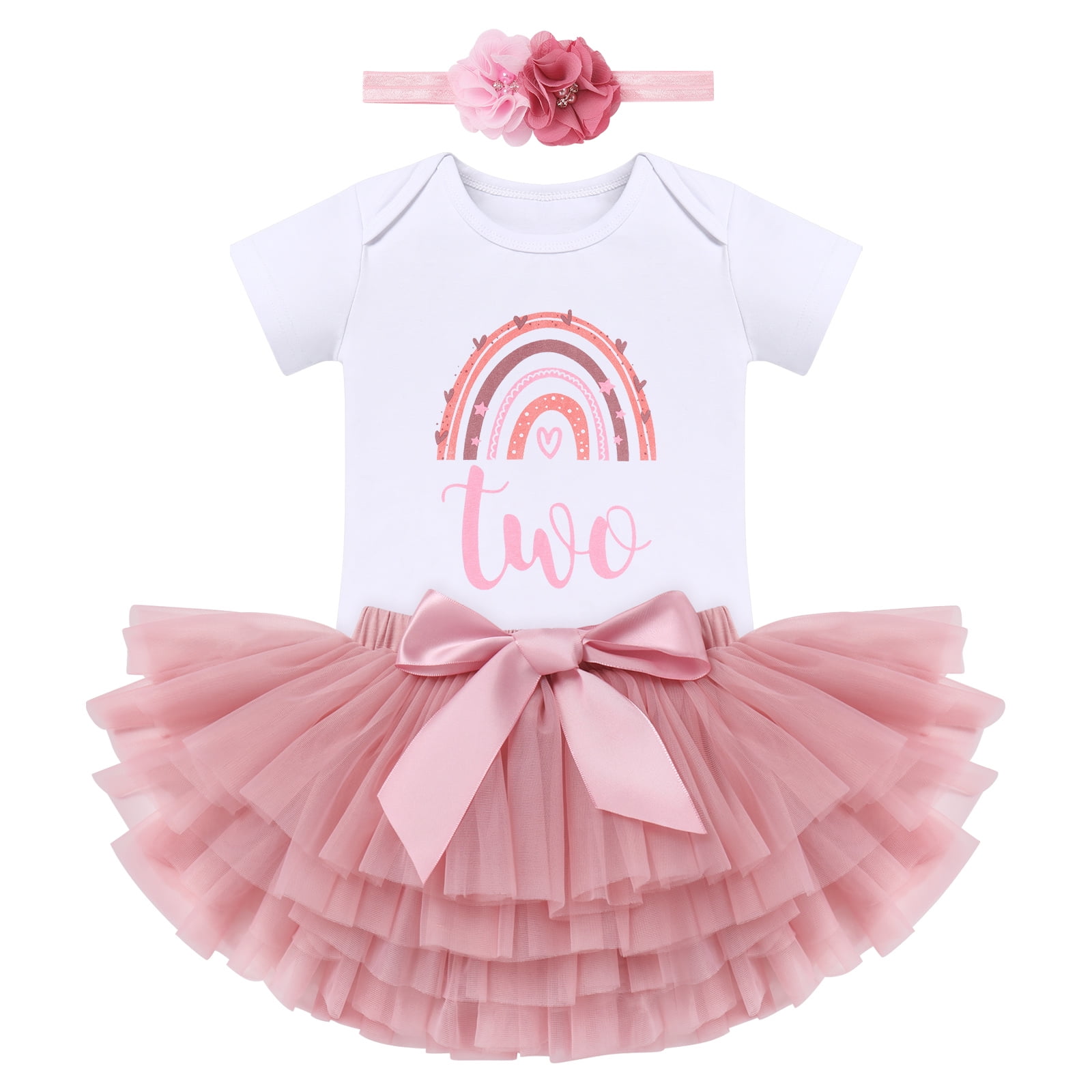 IBTOM CASTLE Toddler Baby Girls First Birthday Outfit Rainbow Boho Bohemian Romper+Tutu Skirt+Crown Cake Smash Clothes Set for Photo Shoot 2 Years Dusty Pink+Flower
