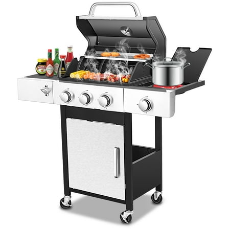 3-Burner Gas Grill with Side Burner, 37230 BTU Propane BBQ Grill with Porcelain-Enameled Cast Iron Grates, Build in Thermometer, Ideal for Patio Camping Outdoor Cooking