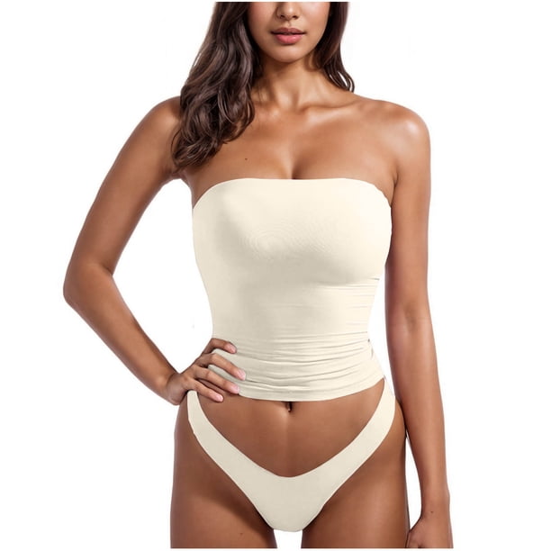 Camisola de color liso sin tirantes para mujer, parte trasera hermosa, corta, tipo integrado, sin tirantes, conjunto de ropa interior, top de nailon para mujer