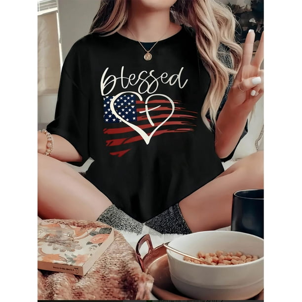 Camiseta para mujer básica verano1pc Women'S Casual Crew Neck T-Shirt with American Flag Heart Design, Fashionable Short Sleeve Knit Polyester Top, Medium Stretch Comfort Fit for All SeasonsFather's