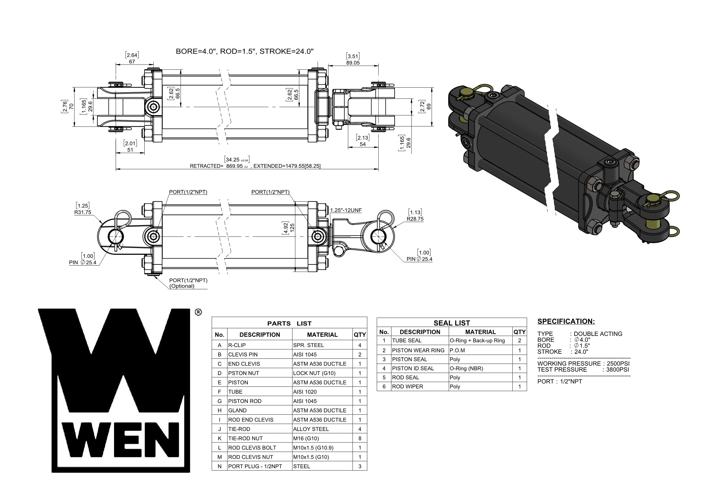 WEN 2500 PSI Tie Rod Hydraulic Cylinder with 4 in. Bore and 24 in. Stroke (TR-4024)