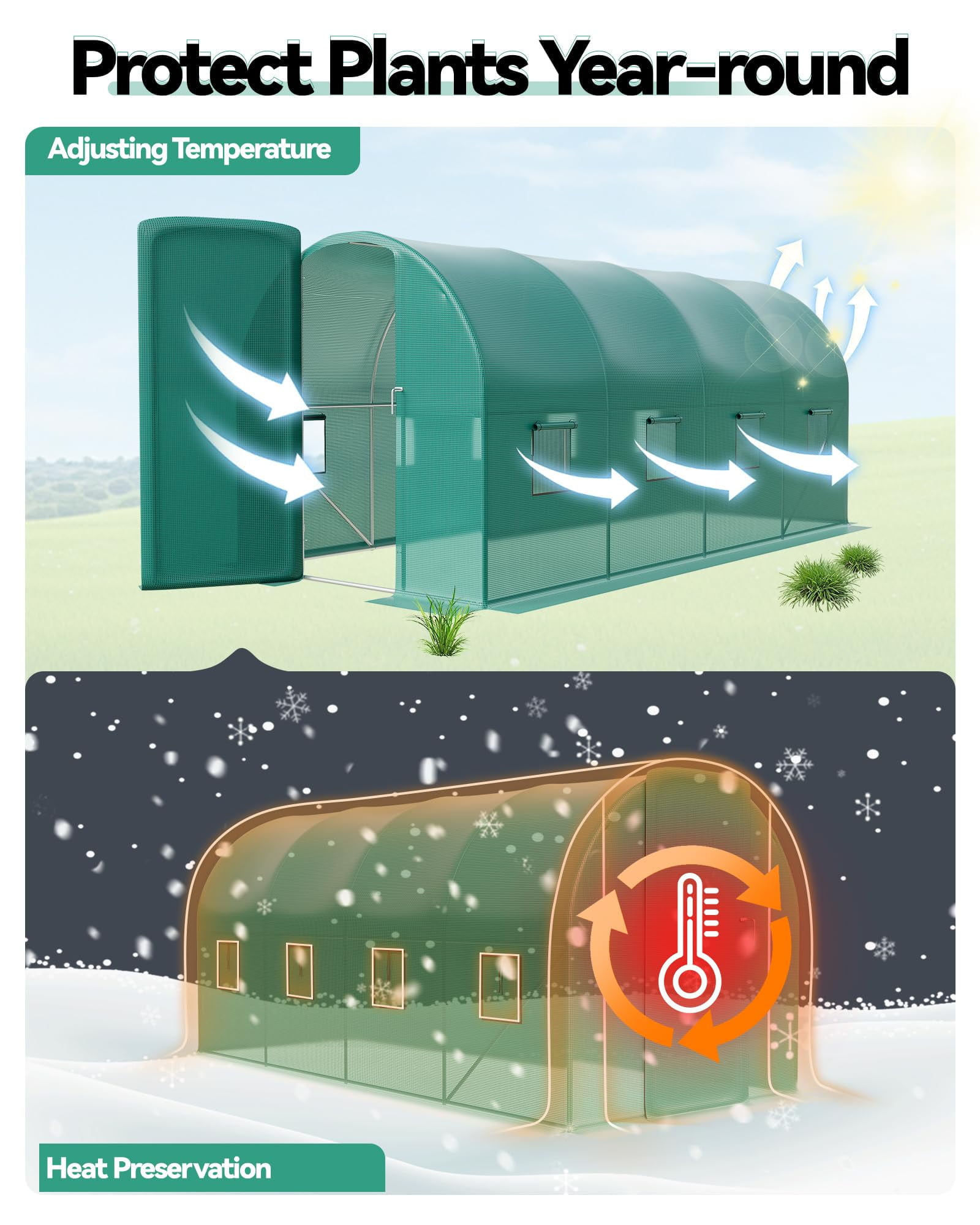 Towallmark Walk-in Greenhouse Tunnel 15x6.5x6.5ft,Galvanized Steel Tunnel Greenhouse with Zippered Doors and Window,Garden Hot House for Home Gardening Seed Germination
