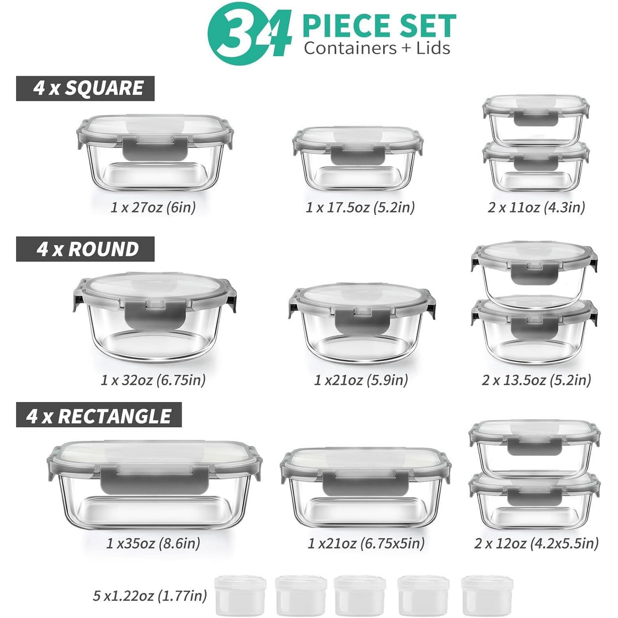 34pcs Glass Food Storage Containers with Lids Set, Airtight Meal Prep Containers (17 Containers & 17 Lids), Grey