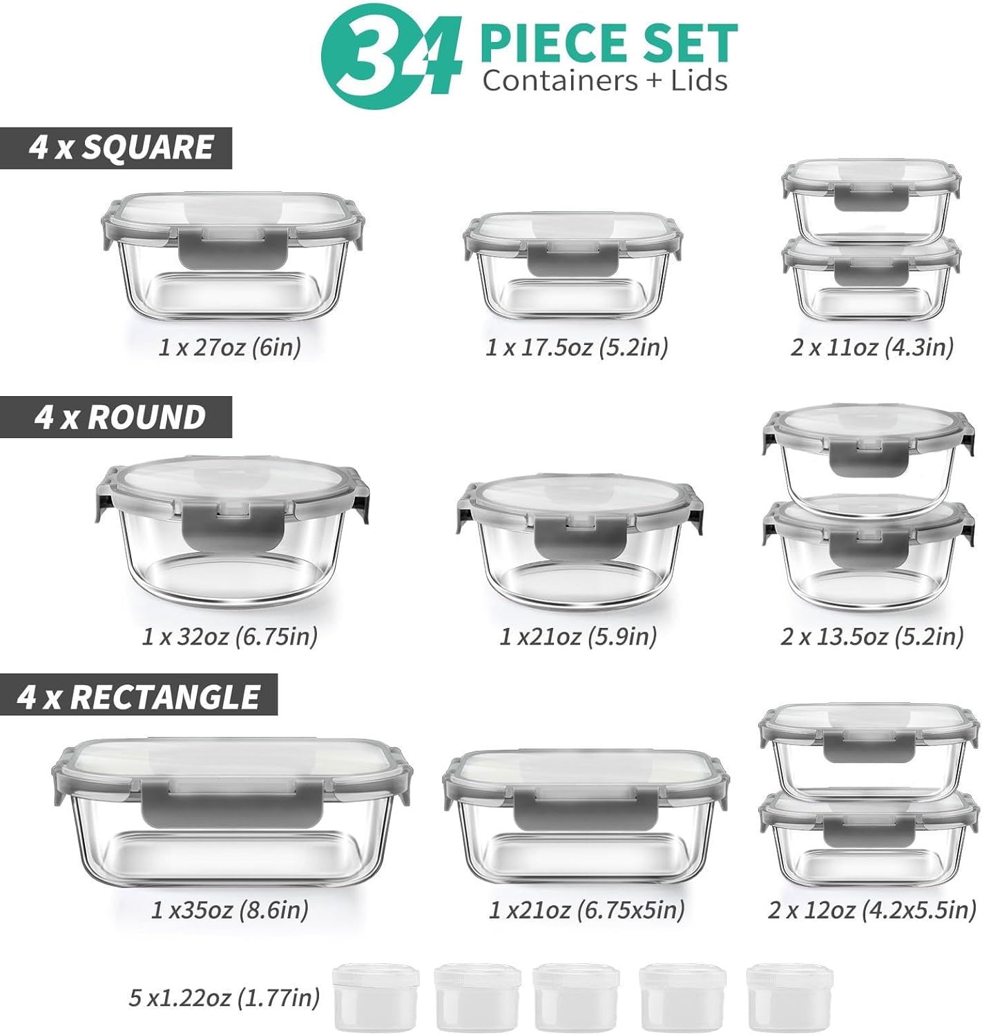 Taimasi 34-Piece Glass Food Storage Container Set, Grey photo 2