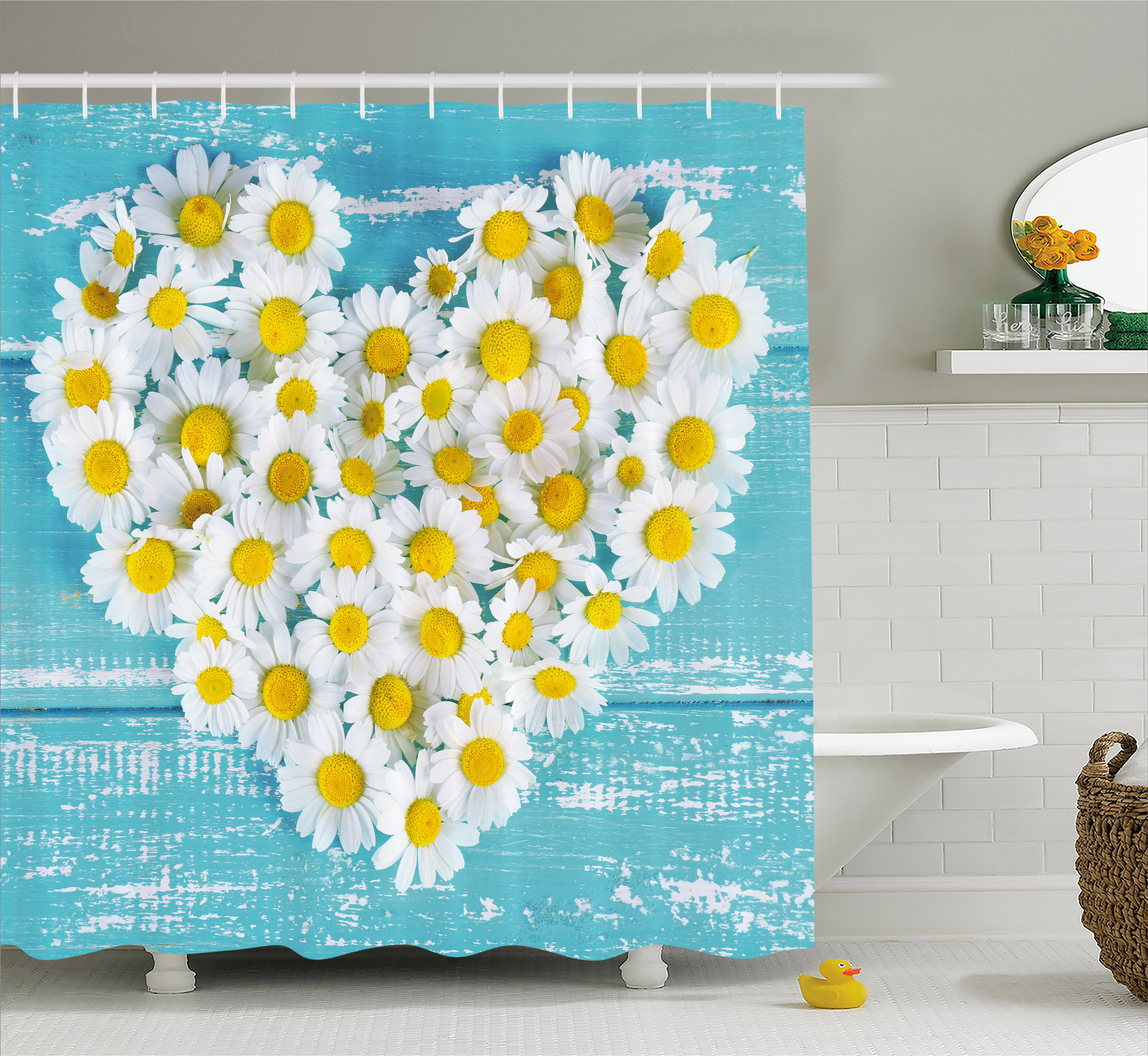 Shower Curtain, Heart Shaped Daisy Flowers