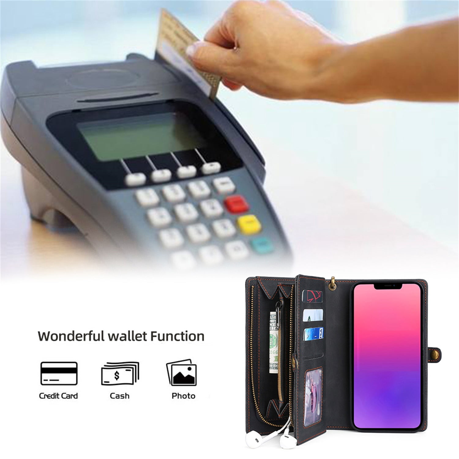 Defencase for iPhone 13 Mini Case for Women Men, Removable Durable PU Leather Magnetic Flip Strap Wristlet Zipper Purse Card Holder Detachable Wallet Phone Cases for iPhone 13 Mini, Black