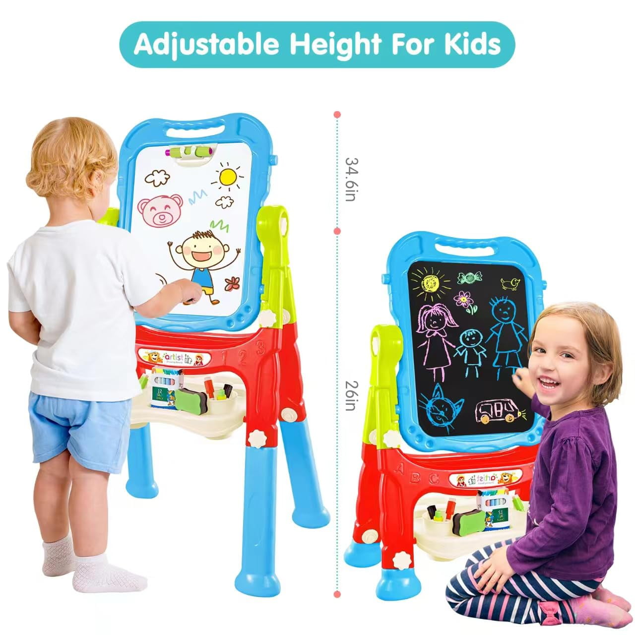 JBeeCtrl Easel for Kids Rotatable Double Sided White Board & Chalk Board Adjustable Standing Kids Art Easel w/ Paint Accessories for Boys Girls Birthday Christmas Birthday Gifts for Kids 3-6 Blue