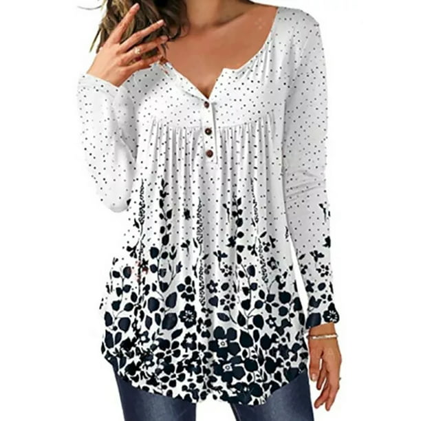 LilyLLL Womens Long Sleeve Buttons Tunic T Shirt Floral Print Blouse ...