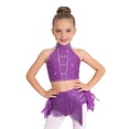 thumbnail image 4 of TiaoBug Kids Girls Dance Outfit 2-Piece Rhinestones Crop Top and Feather Tassel Skirt Latin Jazz Dancewear Purple 16, 4 of 6