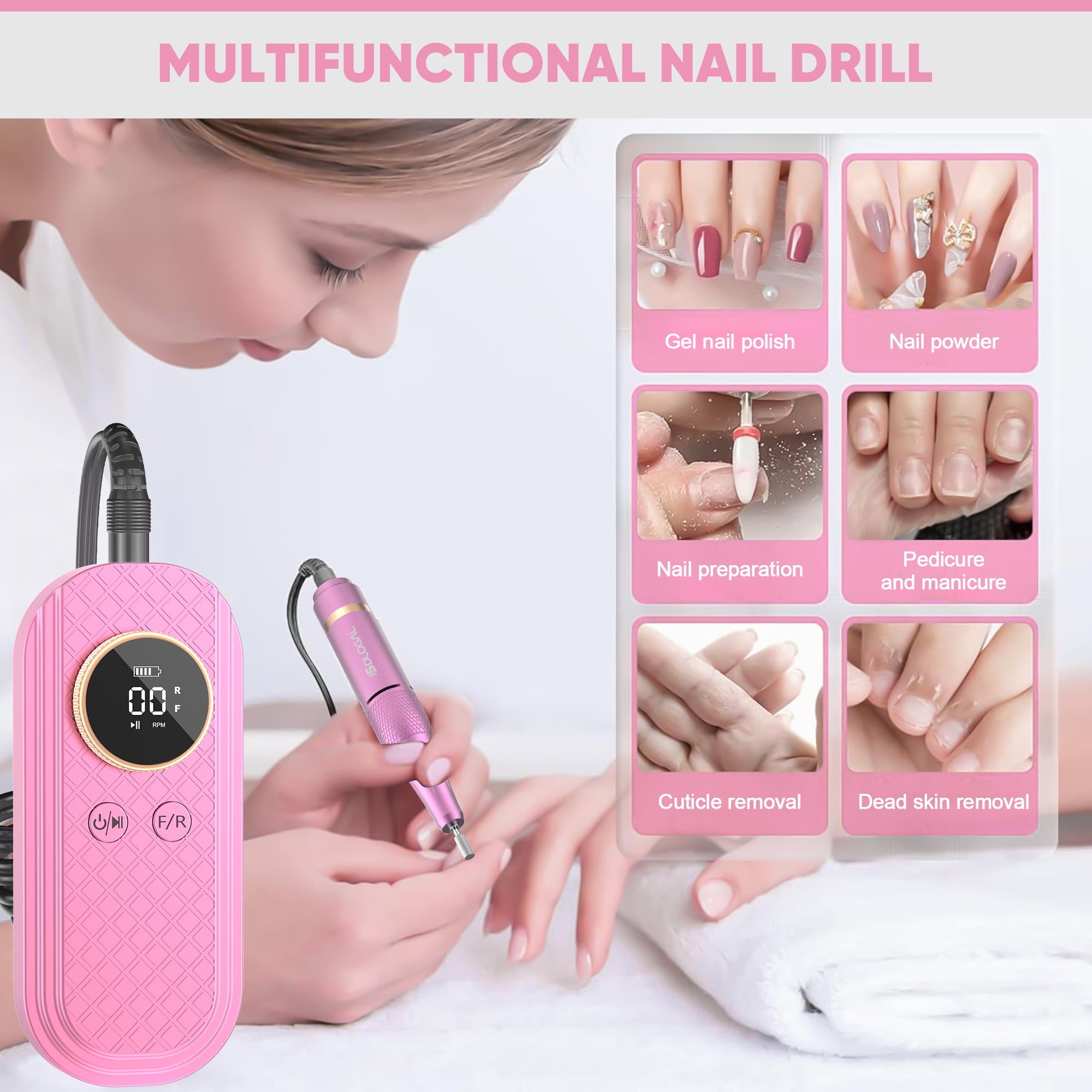 Sdlogal Professional Electric Nail File Drill Kit Rechargeable Manicure 45000 RPM Battery Powered