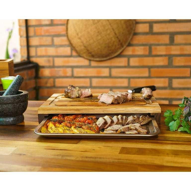 Meistar Large End Grain Teak Wood Cutting Board for Kitchen, Brisket and BBQ with S. Steel Tray and Juice Groove, Size: 15.7 x 11.6 x 2.2
