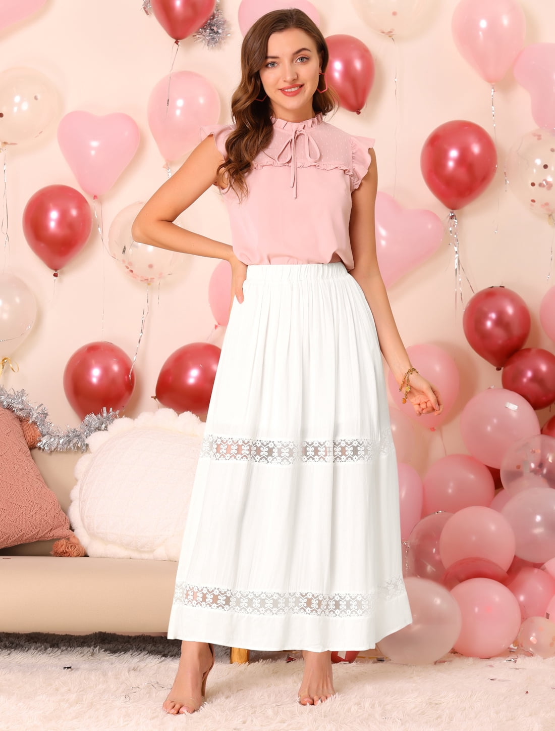 DARING DIVA Women's A-Line Lace Insert Maxi Skirt Cream L Cream White