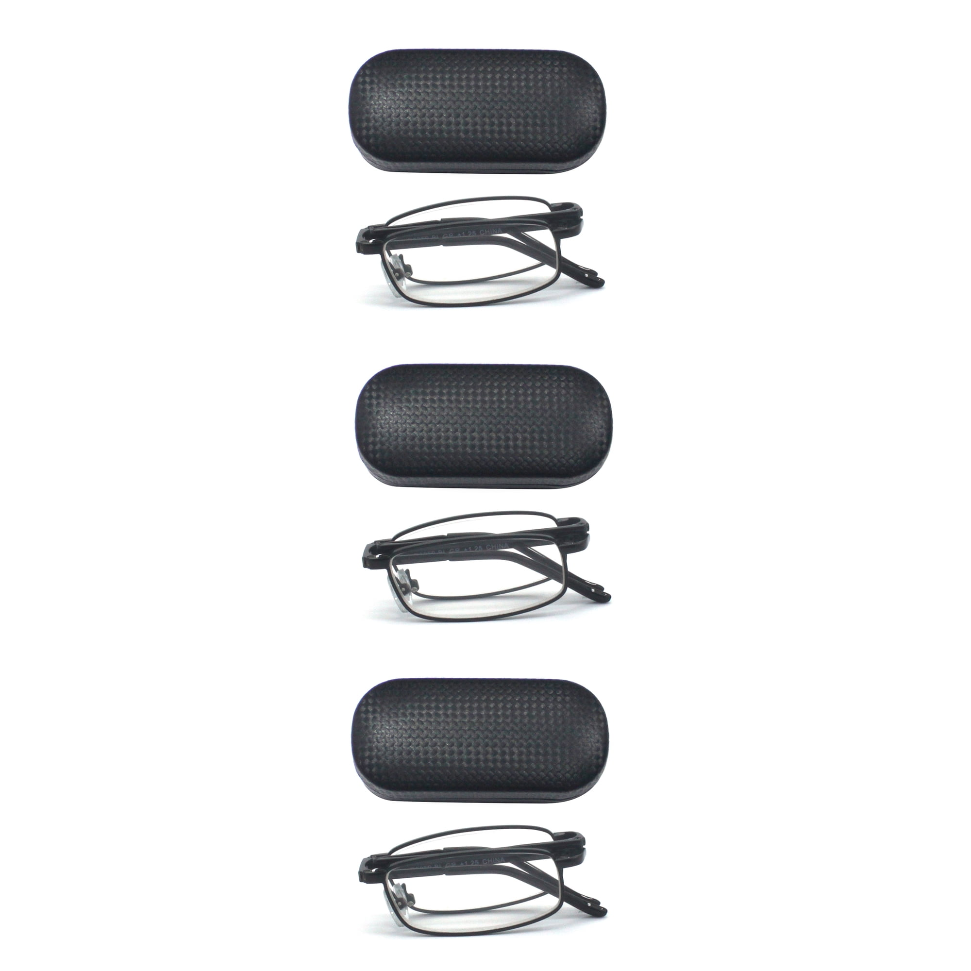 EYEZOOM 3 Pack Unisex Compact Metal Folding Reading Glasses with Black Case, Black Frame, +1.00
