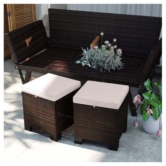Wicker Outdoor Ottomans 2 Piece Set, Rattan Footrest with Cushions, Patio Side Table for Yard, Pool, Cream
