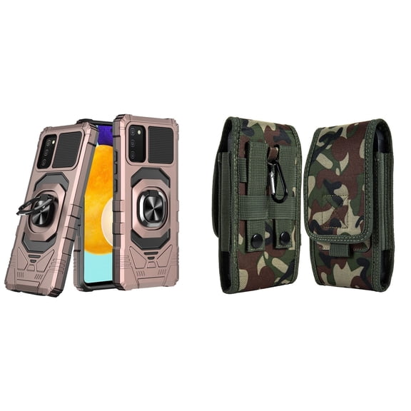 Case with Belt Holster Bundle for Samsung Galaxy A03s: Heavy Duty Series Protection Cover (Rose Gold) and Vertical Rugged Nylon Phone Pouch (Green Camo)