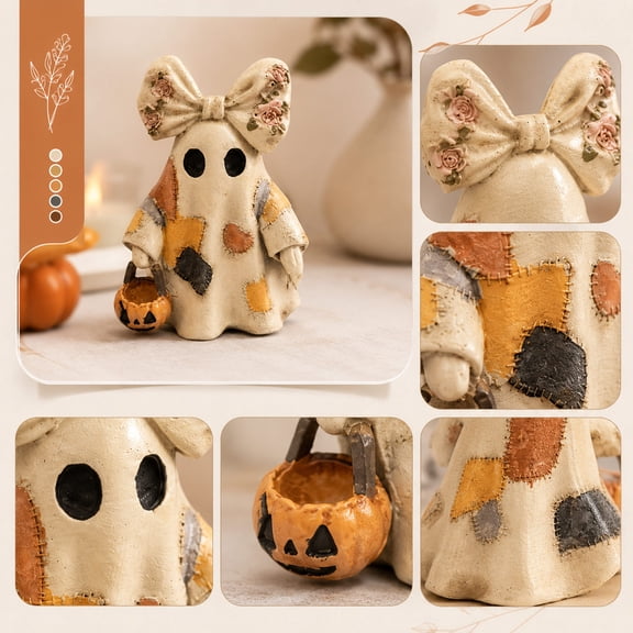 4'' Vintage Patchwork Ghost Decor, Rustic Farmhouse Halloween Ghost with Pumpkin Bucket, Spooky Cute Fall Decor for Mantel, Shelf, Tiered Tray, Entryway Porch Tabletop
