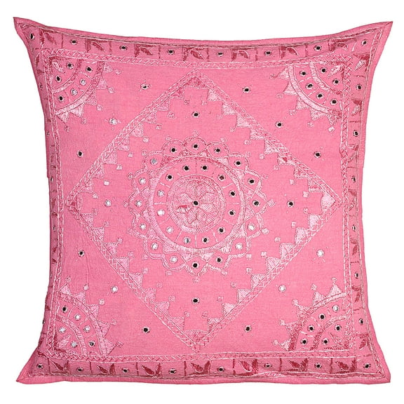 Stylo Culture Indian Chair Seat Throw Pillow Cover 24 x 24 Big Hand Embroidered Baby Pink Bohemian 60 x 60 cm Home Decor Cotton Mirrored Square Cushion Cover | 1 Pc