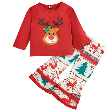

Fall Outfits for Baby Girls Toddler Girls Christmas Long Sleeve Cartoon Letter Deer Printed Tops Bell Bottoms Flare Pants Kids Outfits Baby Toddler Girl