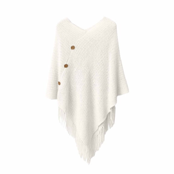 DFEK Women's Knitted Poncho Sweater V-Neck Button Pullover Cape with Tassels Cozy Shawl Wrap Cardigan Tops for Fall Winter White One Size