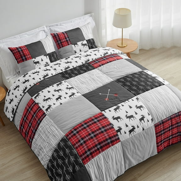 Sweet Jojo Designs Rustic Patch Red Black and Grey Full/Queen Bed Comforter 3 Piece Bedding Set - 3 Piece