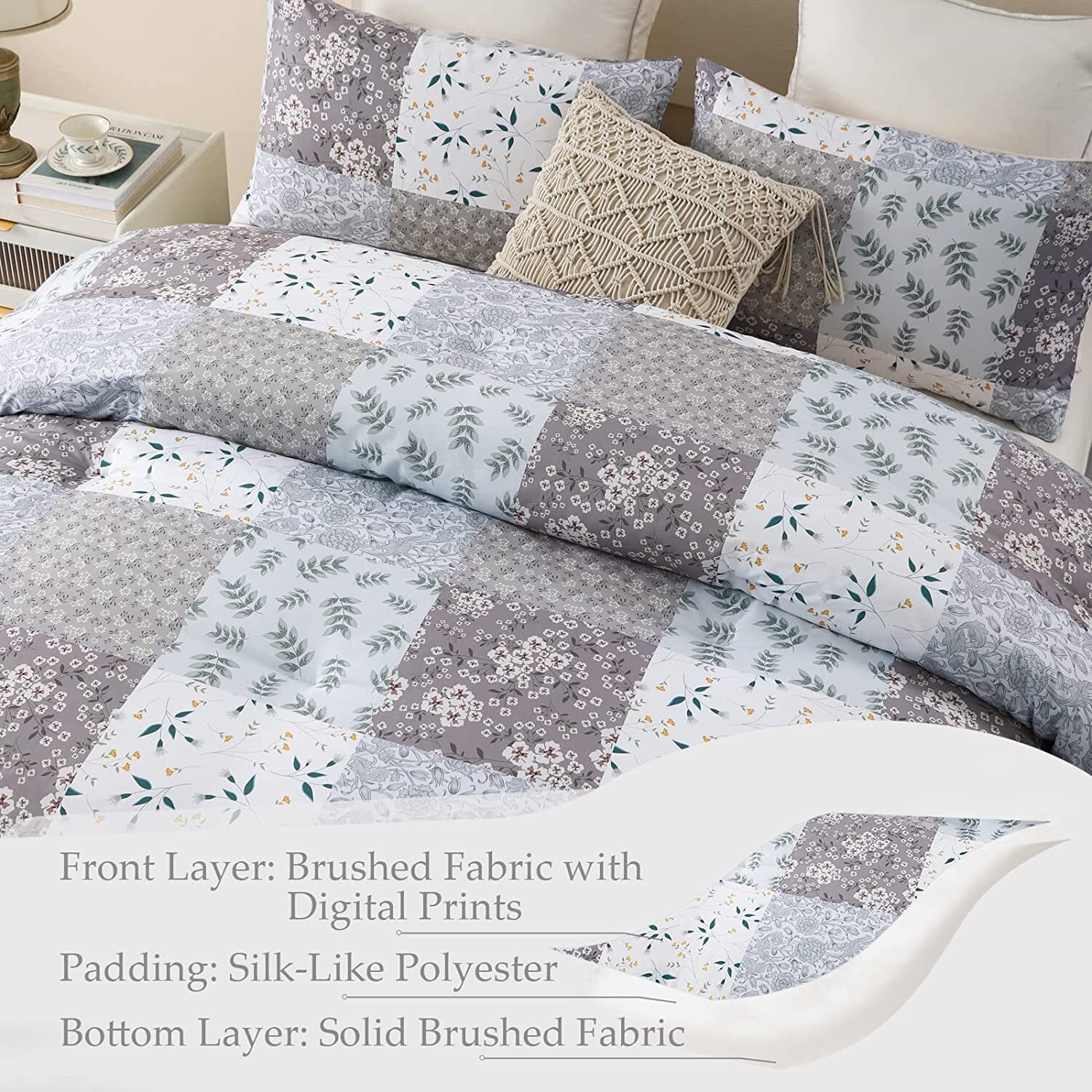 Whale Flotilla 3-Piece King Comforter Set, Soft Reversible Bedding Comforter Sets, Patchwork Printed Down Alternative Comforter Duvet for All Seasons, Grey