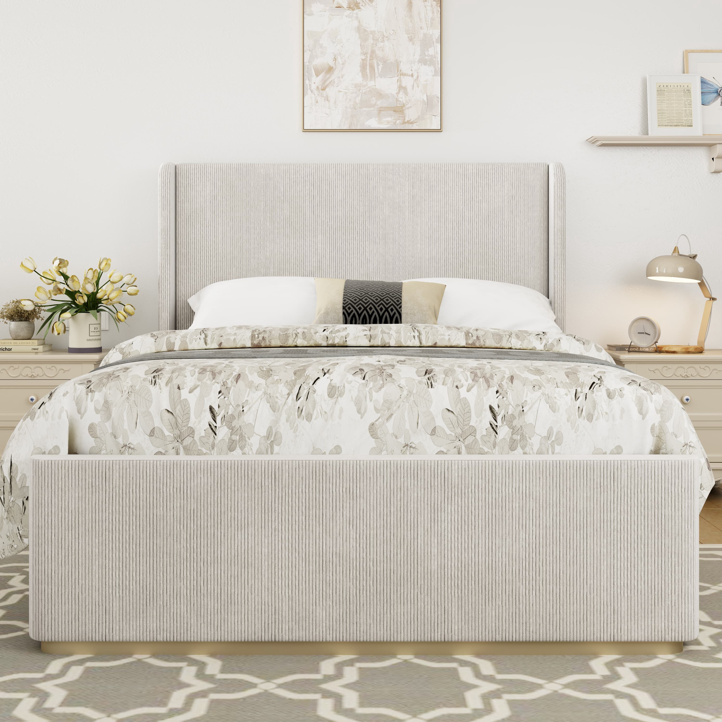 MAYEERTY Queen Corduroy Bed Frame Vertical Stripe Wingback Headboard for Bedroom Light Grey