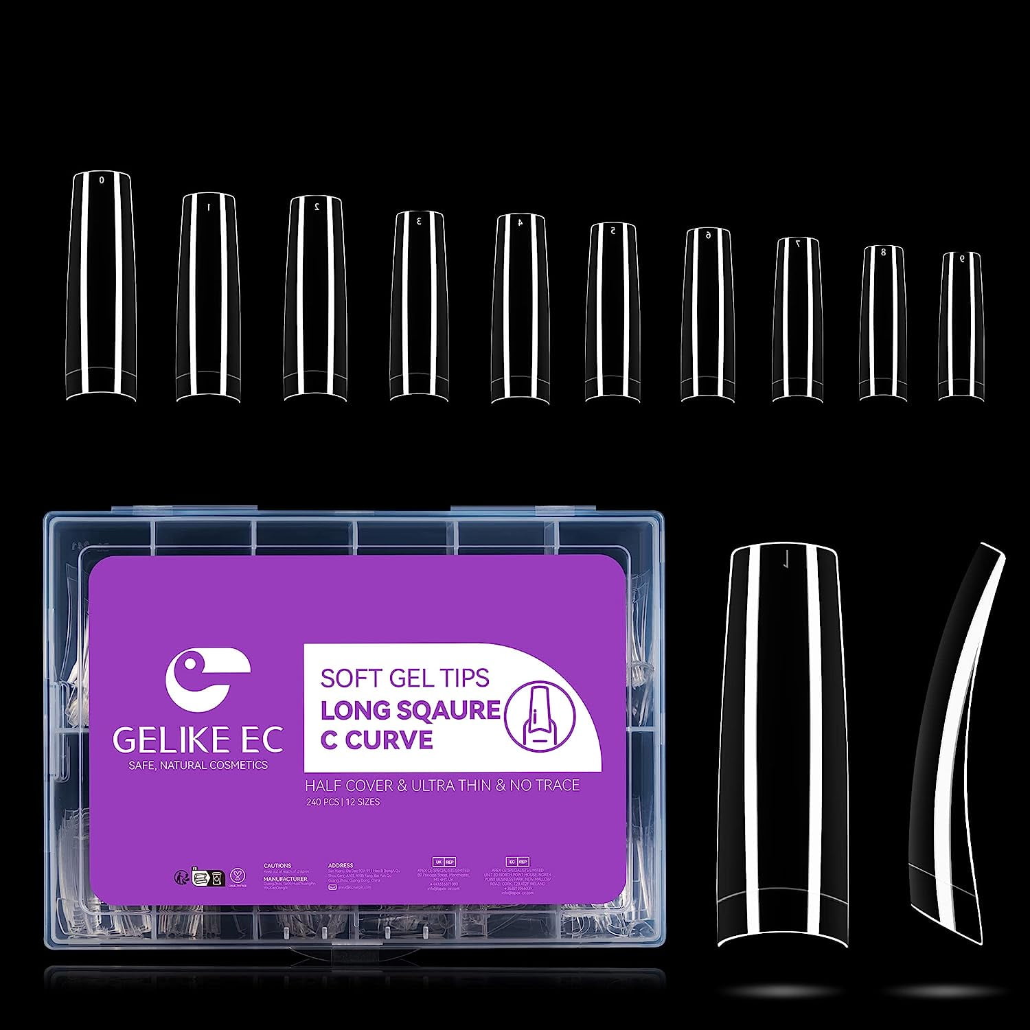 Gelike EC 240PCS Long Square Gel Half Cover Nail Tips Kit for Soak Off Nail Extensions, Tips Pre