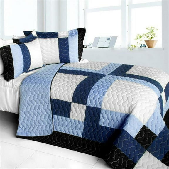 Watermark - 3 Pieces Vermicelli - Quilted Patchwork Quilt Set  Full & Queen Size - Blue