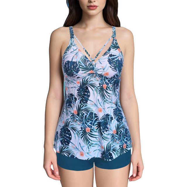 Fadeal Bathing Suit for Women Women Plus Size Tankini Swimsuits Two Piece Color Block Cutout Flowy Tummy Bathing Suits with Shorts Tankini Swimsuits for Women Green XL