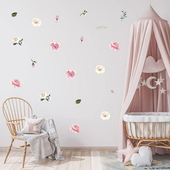 Decalcomania Wall Decor Rose Flower Wall Decals - Set of Pink Pastel Roses Floral Stickers Removable Peel and Stick Decals - Floral Wall Decals for Girls