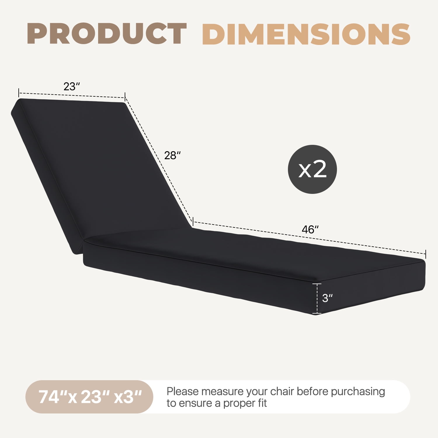 BaPiPro Black 2-Pack Outdoor Chaise Lounge Cushions, Waterproof Patio Lounge Chair Pad with High-Density Foam, Removable Cover & Secure Ties for Poolside, Garden & Patio