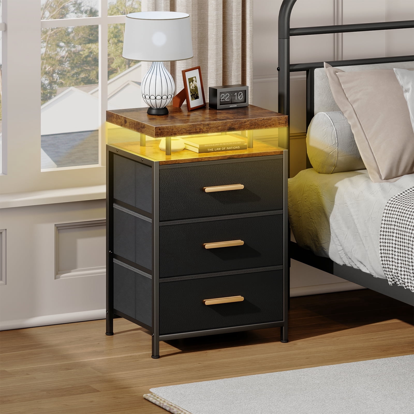 Smart LED Nightstand with 3 Drawers Modern Design Table for Bedroom, Closet, Dorm, Black
