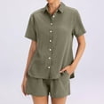 thumbnail image 5 of Linen Short Sets for Women Summer 2 Piece Casual Lounge Sets Button Down Shirt and Drawstring Shorts Outfits, L, 5 of 5