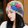thumbnail image 2 of Kripyery Hat Women Manual Colorful Hollow Out Knitted Flower Crochet Elastic Soft Breathable Lightweight Sunshade Travel Outdoor Cap Brimless Beanie, 2 of 7