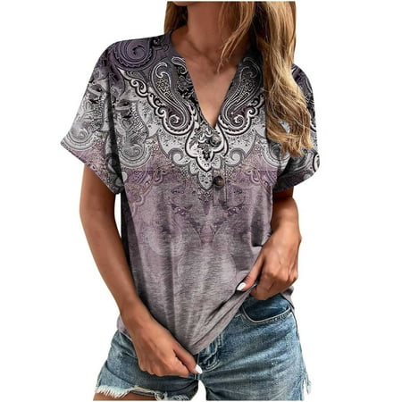

Women s Fashion Summer V Neck Leisure Short Sleeve Buttons Printing Tops Casual Button T-shirts Purple 3XL
