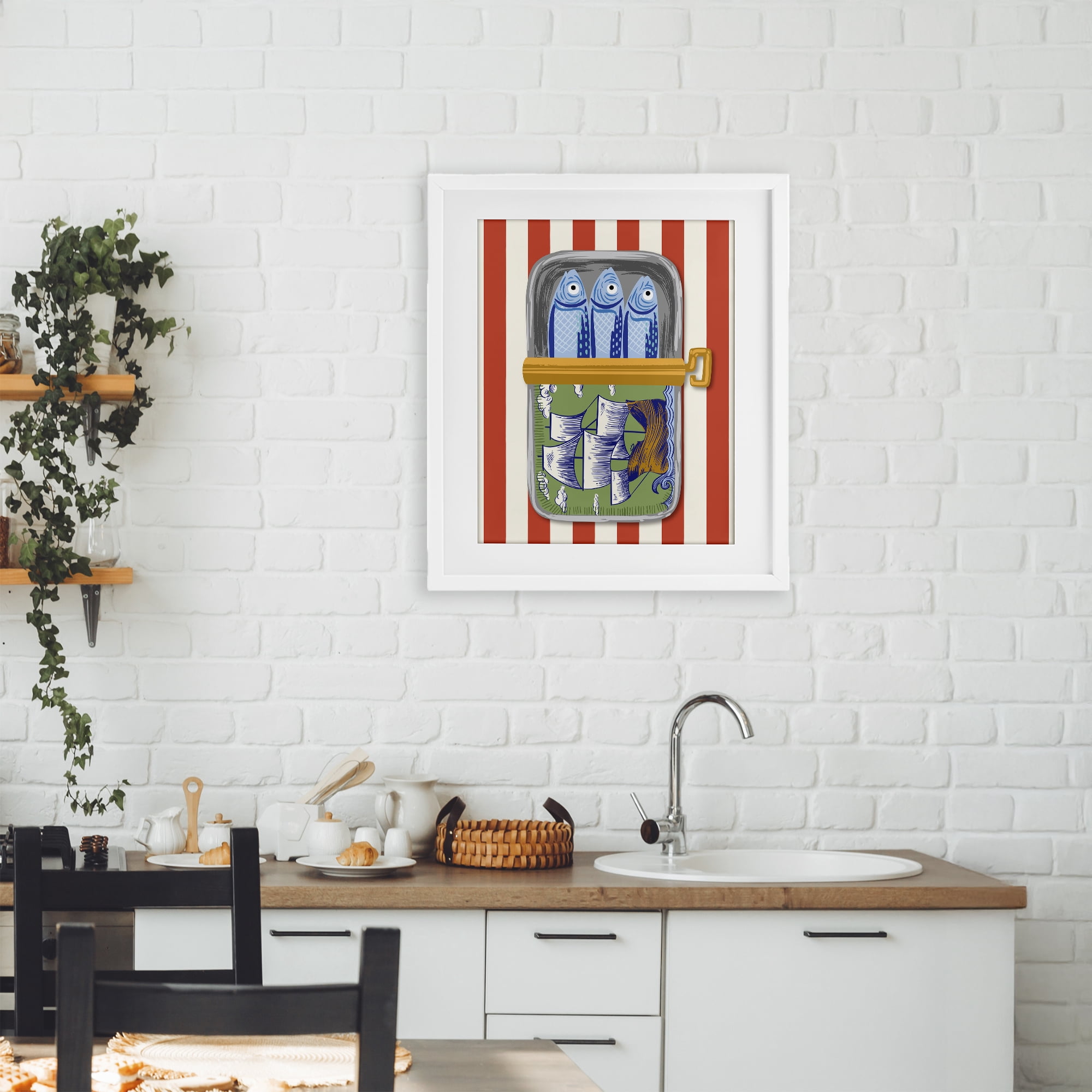 Stupell Industries Sardines with Antique Ship White Framed Print Under Glass, design by Arrolynn Weiderhold