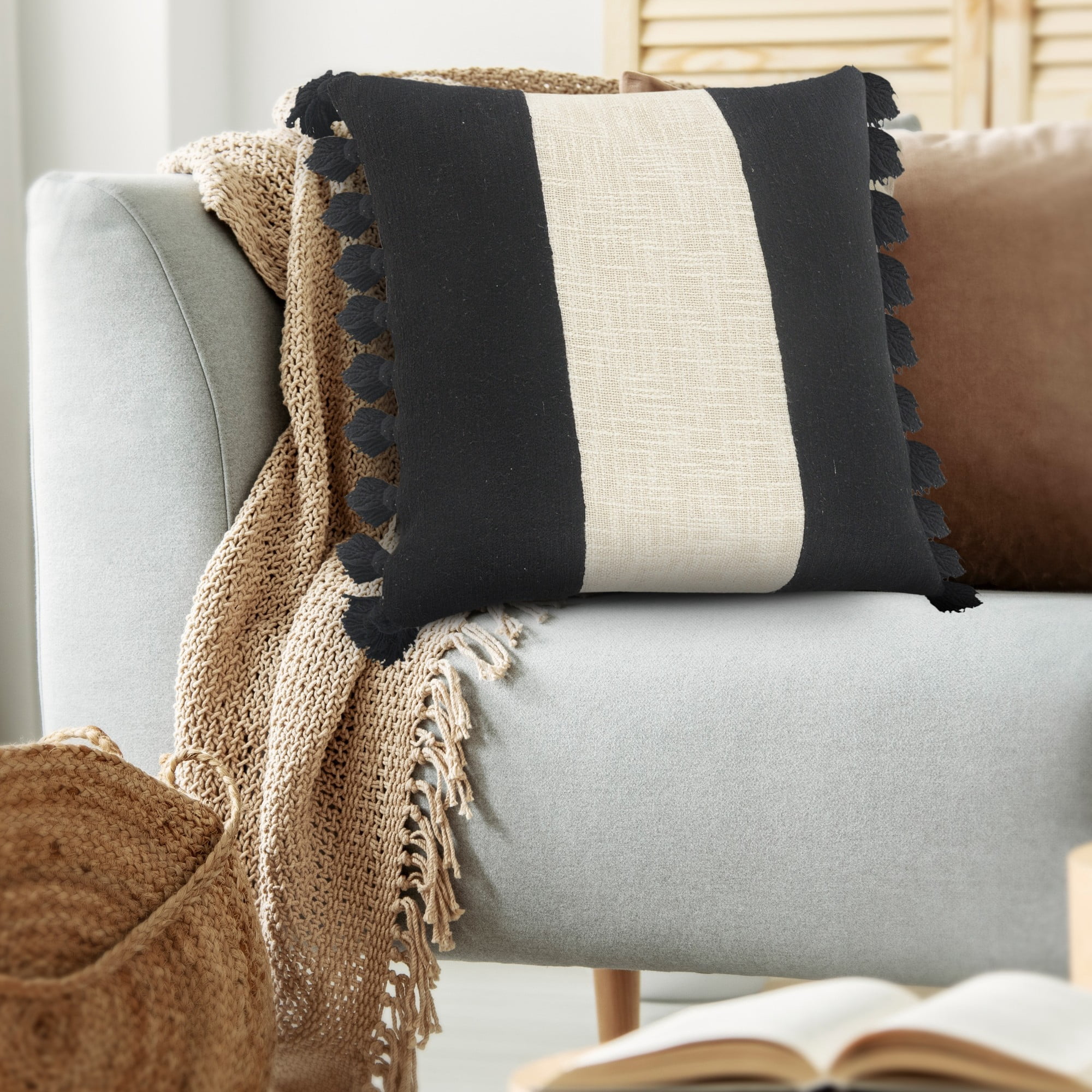 Laddha Home Designs Handwoven Broad Striped Cotton Throw Pillow Cover - 20" - White and Black