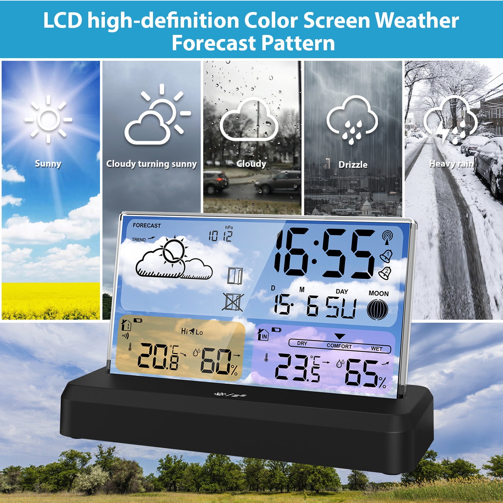Cacagoo Weather Station Wireless Indoor Outdoor Thermometer, Color Display Digital Weather Thermometer with Atomic Clock, Barometric Pressure, Forecast Station with Adjustable Backlight