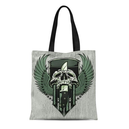 ASHLEIGH Canvas Tote Bag Crest Skull Slain By Combat Knife Through It Head Reusable Shoulder Grocery Shopping Bags (Best Hand To Hand Combat Knife)