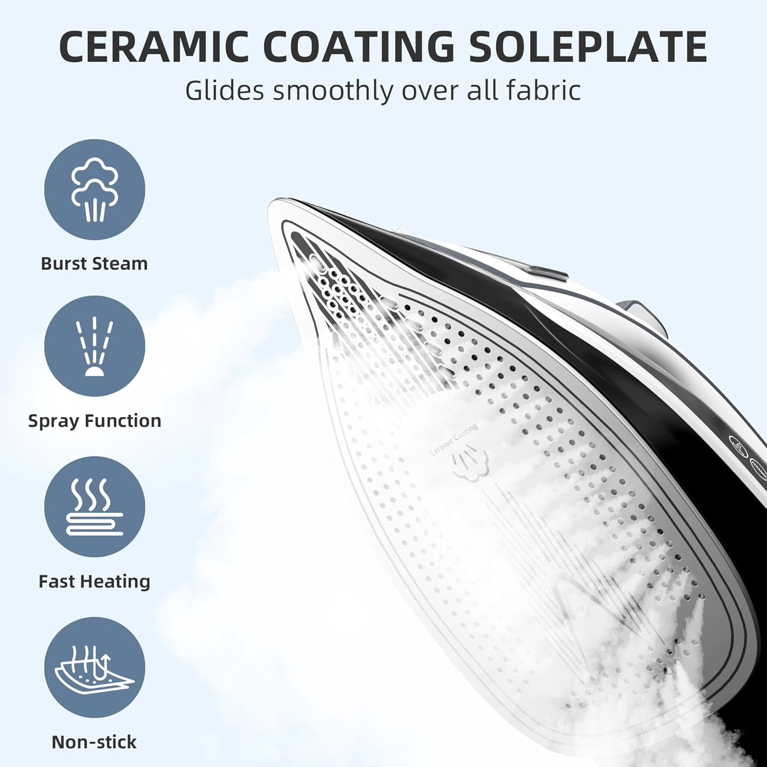 Steam Iron for Clothes Rapid Heating, 1700W Iron with Non-Stick Ceramic Soleplate, 3-Way Auto-Off, Burst of Steam, Self-Cleaning, 14.07oz Water Tank Ironing Clothes for Home, Grey