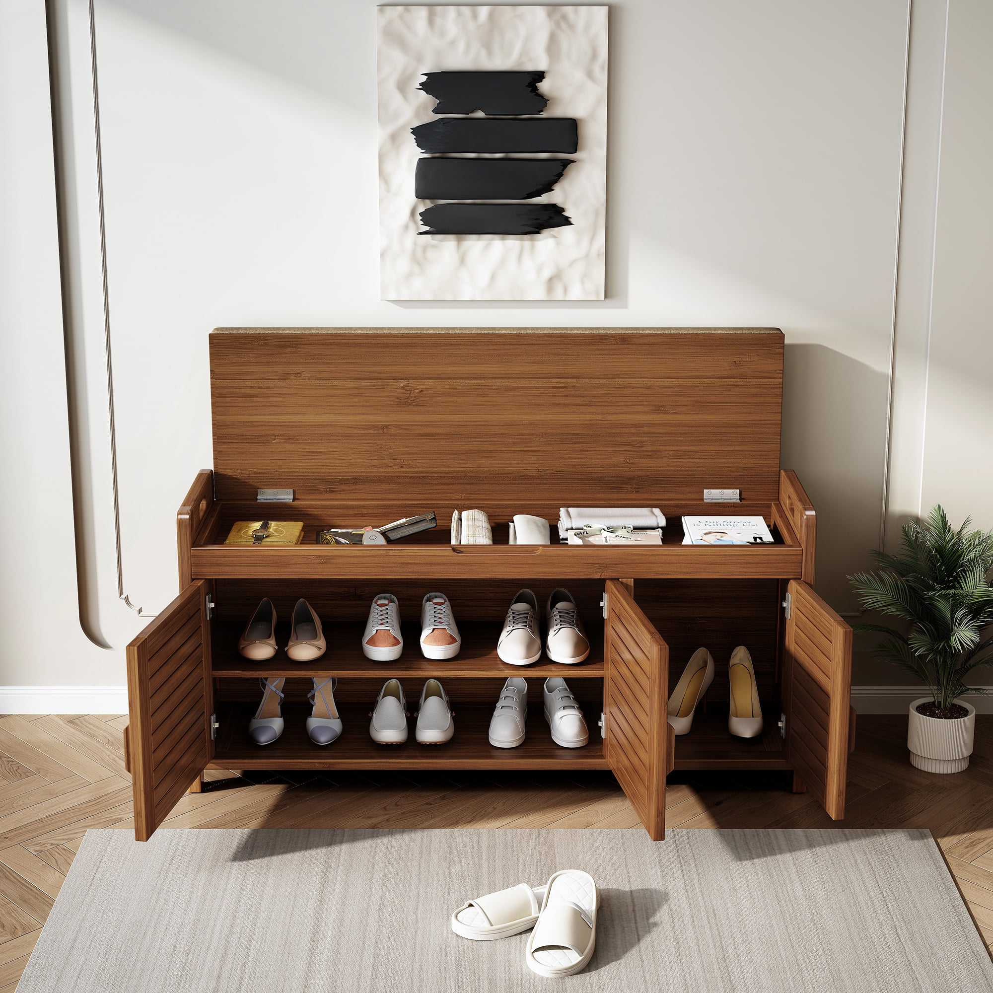 WILK Shoe Storage Bench  & Shoe Cabinet with Cushion Seat ,100% Solid Shoe Rack Bench with 3 Doors, Hidden Shoe Bench with Storage for Entryway, Hallway, Mudroom (Brown)