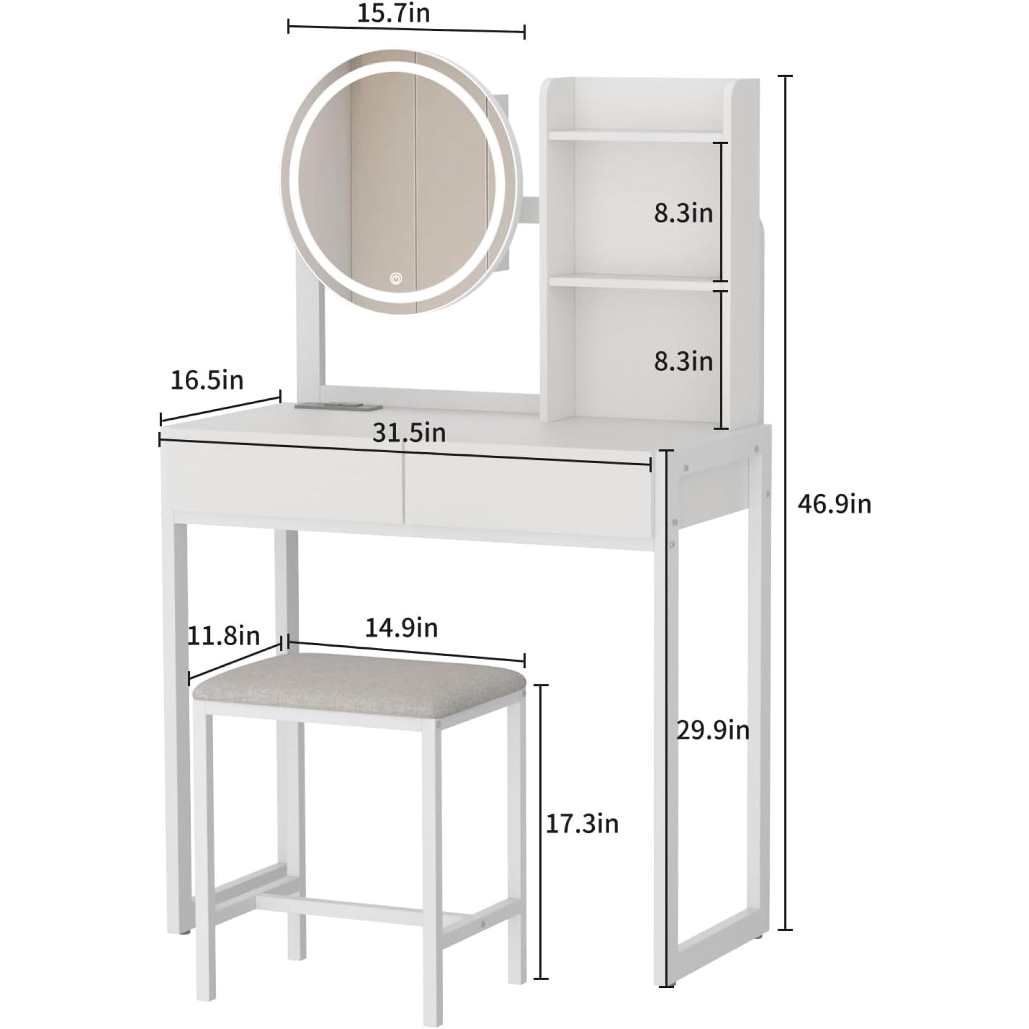 Leumius Small Vanity Desk with Mirror and Lights, Makeup Vanity Table with LED Mirror, 3 Lighting Modes, Power Outlet, Drawer, Open Shelves and Cushioned Stool for Bedroom (White)