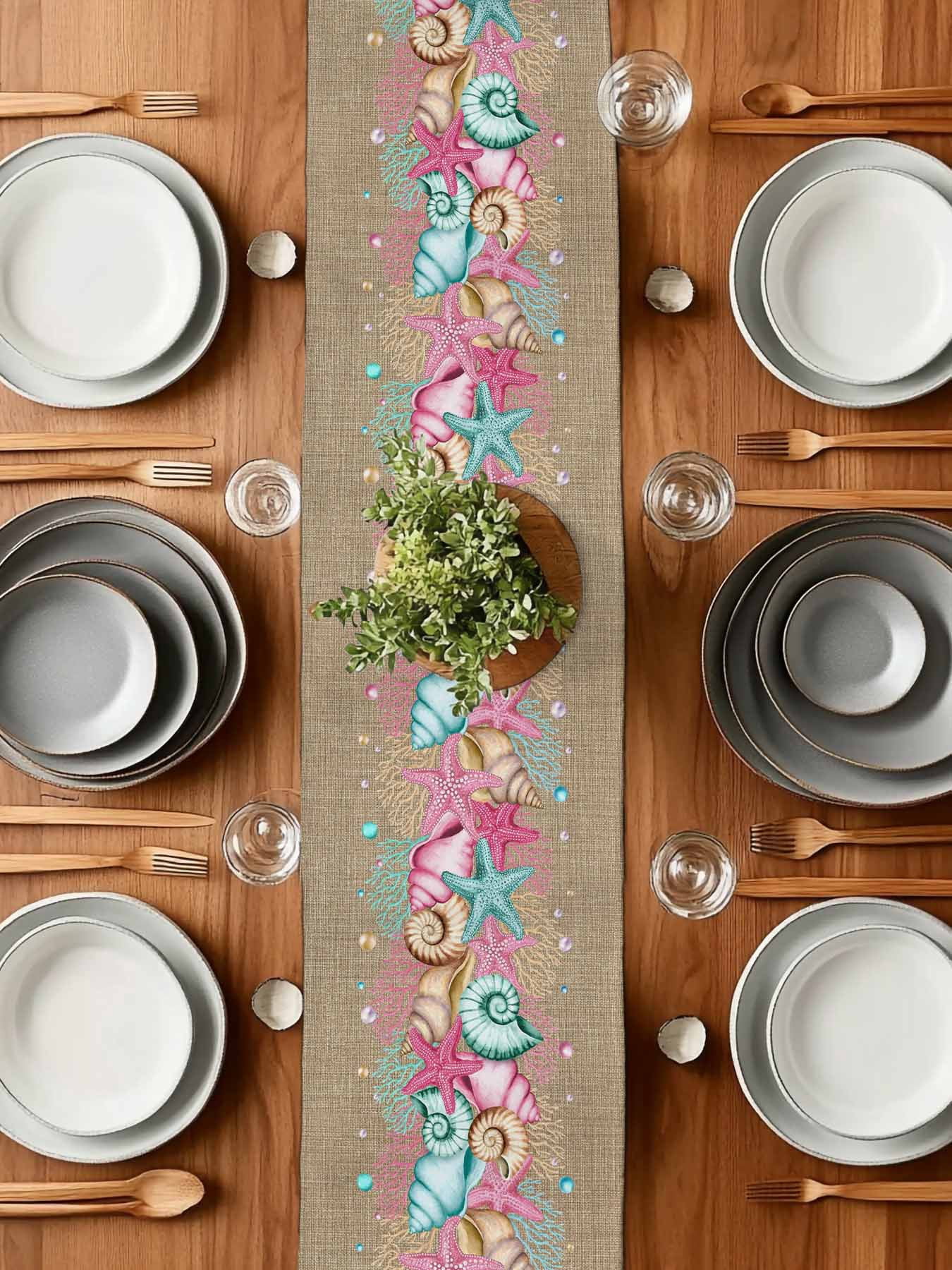 Summer Pink Table Runner, Starfish Shell Coral Beach Marine Life Brown Linen Washable Cotton-linen Table Runners Dining Kitchen Decoration for Everyday Home Wedding Party Decor, 13 x 90 Inch